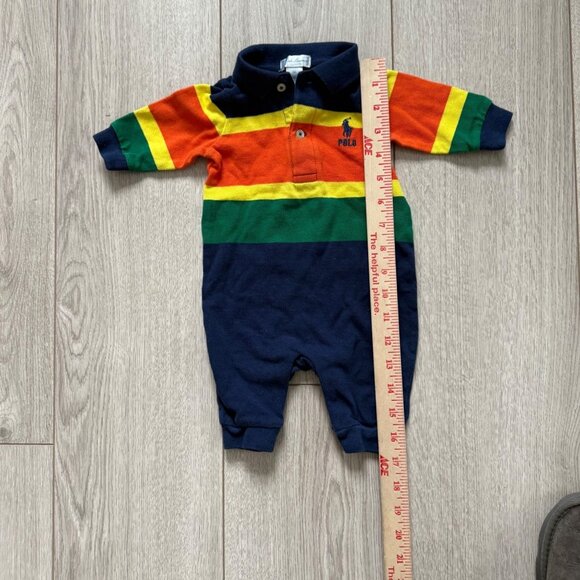 Ralph Lauren Baby Boy Striped Polo Romper With Multicolor Design Navy Orange Gre - Picture 3 of 5